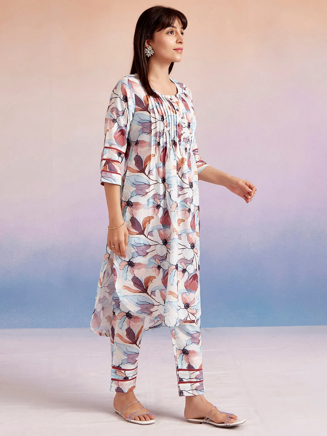Brown Floral Printed Kurta Set