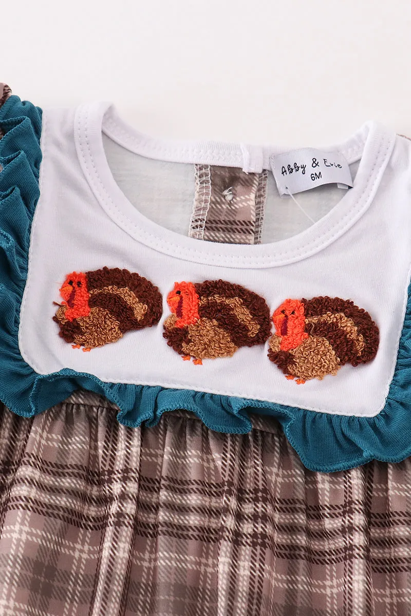 Brown Plaid Turkey French Knot Girl Romper