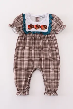 Brown Plaid Turkey French Knot Girl Romper