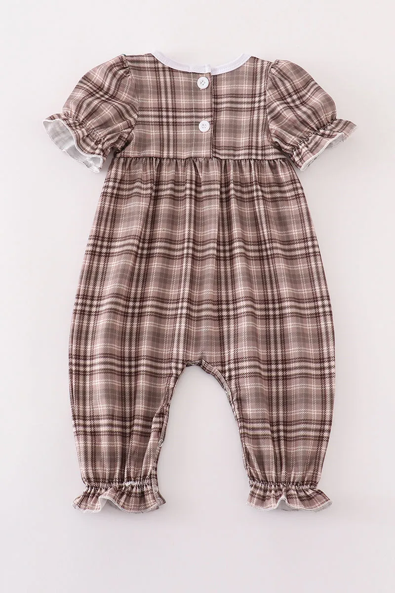 Brown Plaid Turkey French Knot Girl Romper