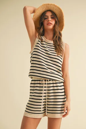 Bryn- Striped Sweater Sleeveless Waist Tie Romper