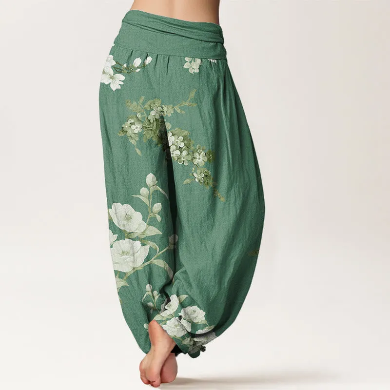 Buddha Stones Blooming And Budding Flowers With Leaves Pattern Women's Elastic Waist Harem Pants