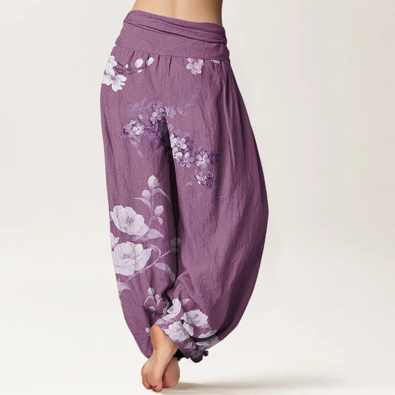 Buddha Stones Blooming And Budding Flowers With Leaves Pattern Women's Elastic Waist Harem Pants