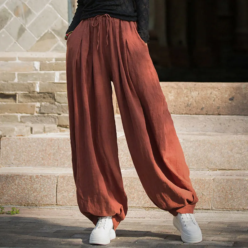 Buddha Stones Casual Plain Loose Waist Tie Rope Women's Ramie Cotton Pants With Pockets