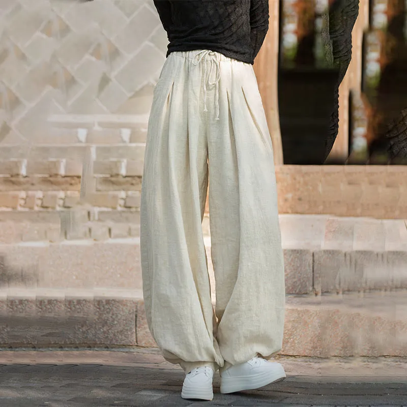 Buddha Stones Casual Plain Loose Waist Tie Rope Women's Ramie Cotton Pants With Pockets