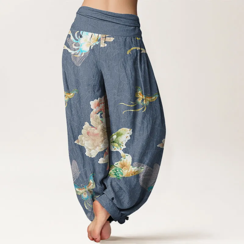 Buddha Stones Chrysanthemums Butterflies Pattern Women's Elastic Waist Harem Pants