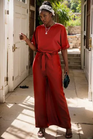 burning red belted wide leg jumpsuit