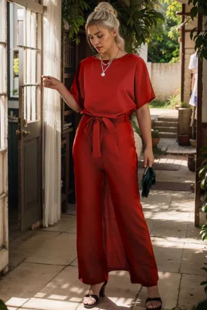 burning red belted wide leg jumpsuit
