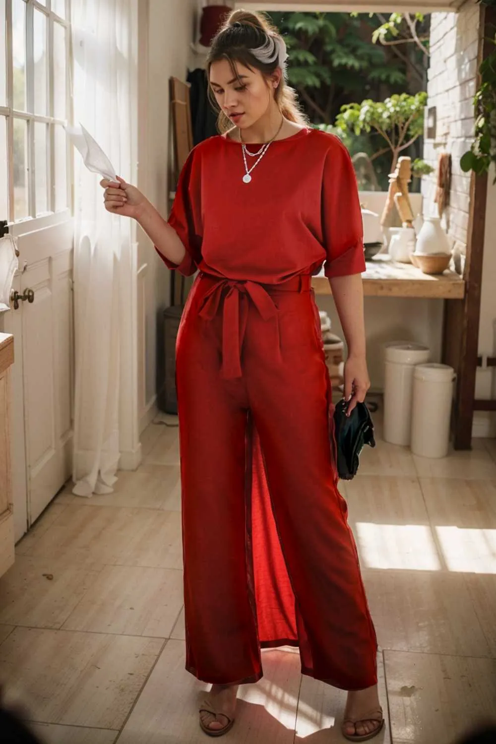 burning red belted wide leg jumpsuit