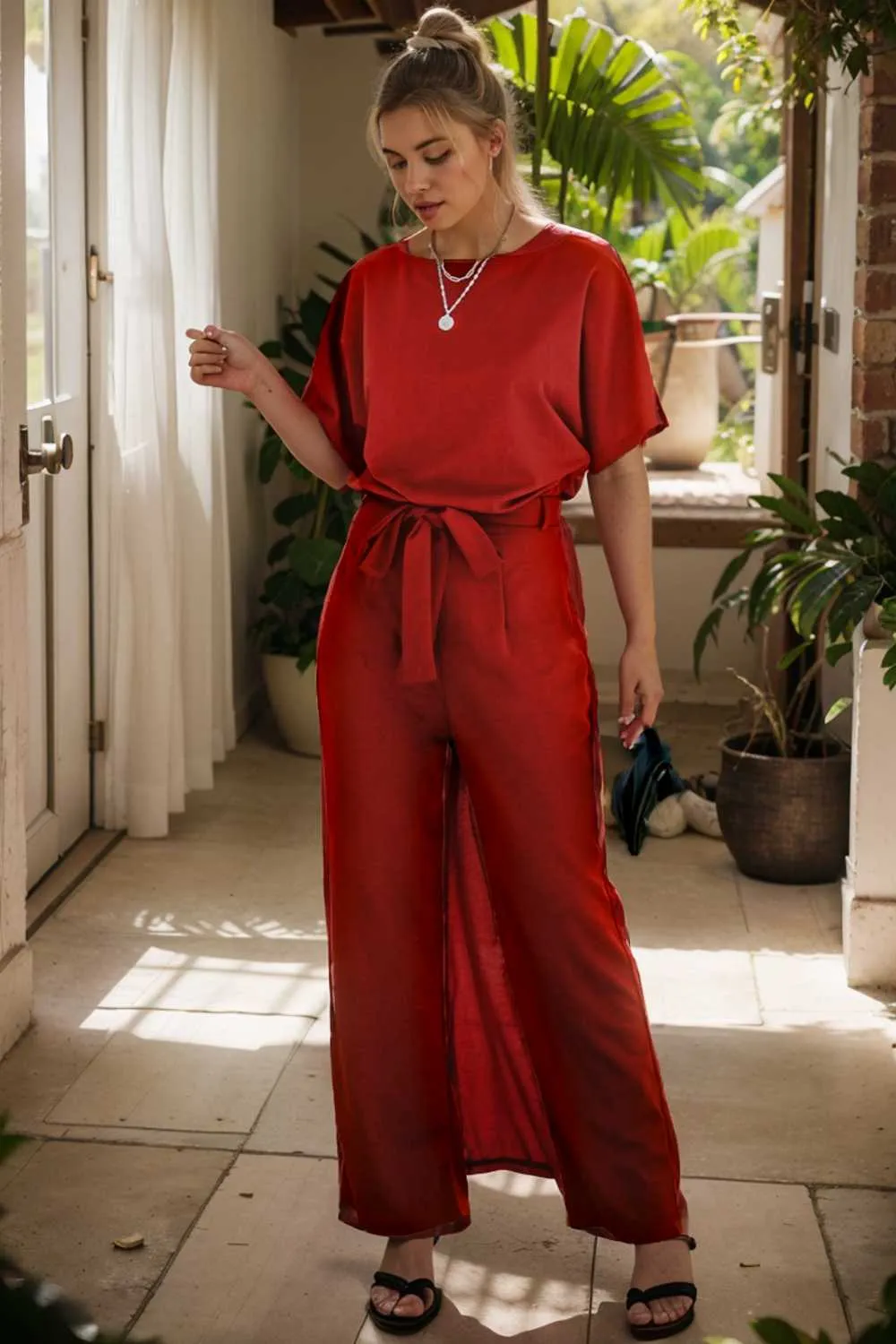 burning red belted wide leg jumpsuit