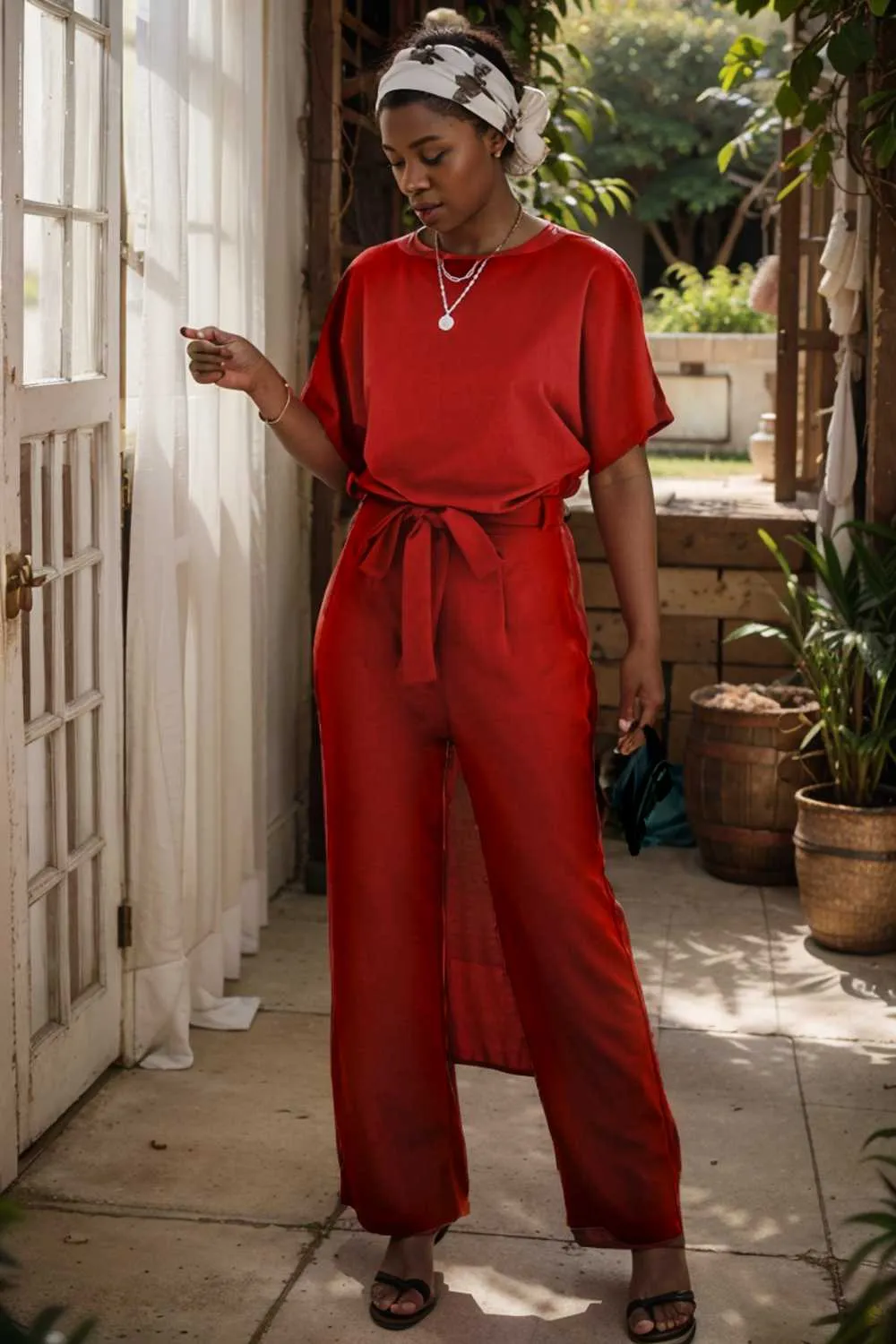 burning red belted wide leg jumpsuit