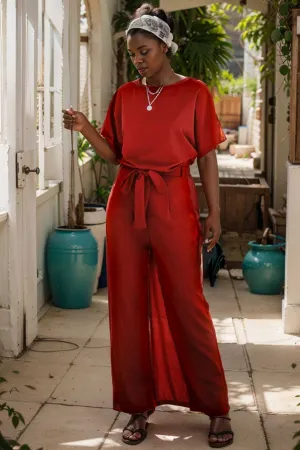 burning red belted wide leg jumpsuit