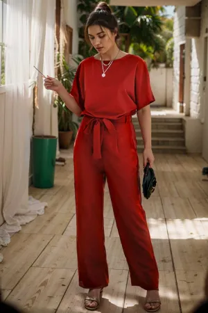 burning red belted wide leg jumpsuit