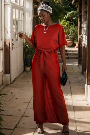 burning red belted wide leg jumpsuit