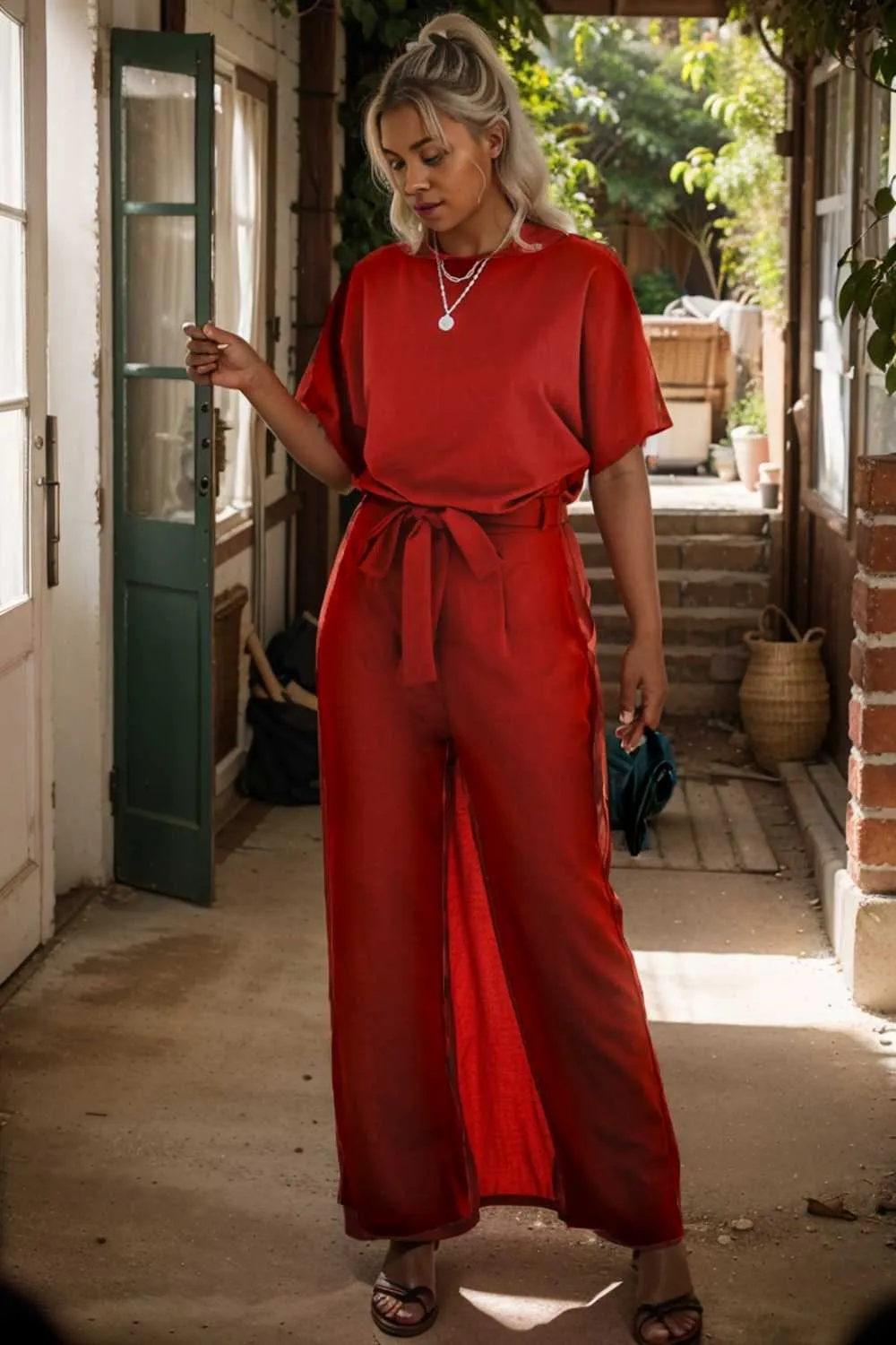 burning red belted wide leg jumpsuit