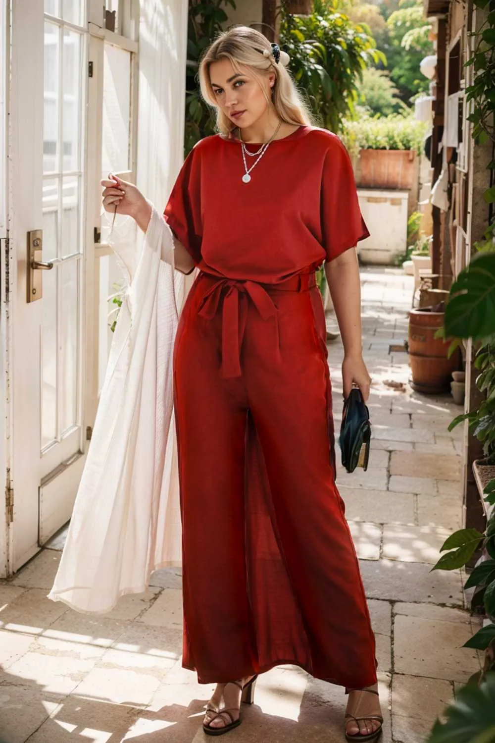 burning red belted wide leg jumpsuit