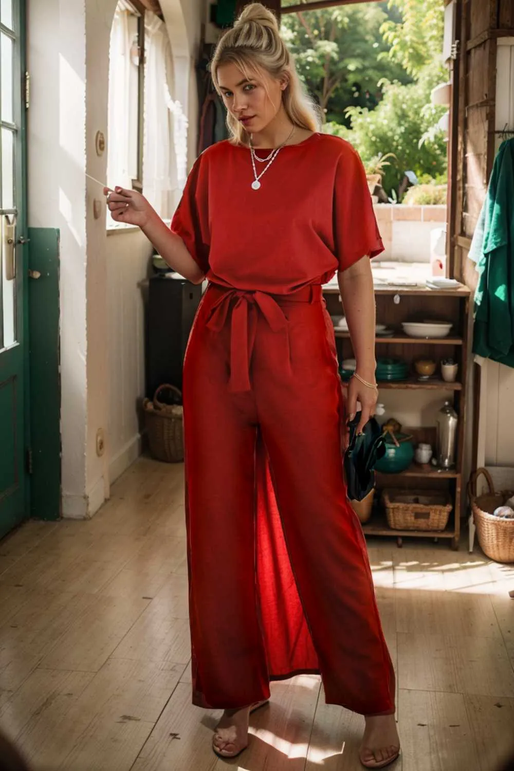 burning red belted wide leg jumpsuit