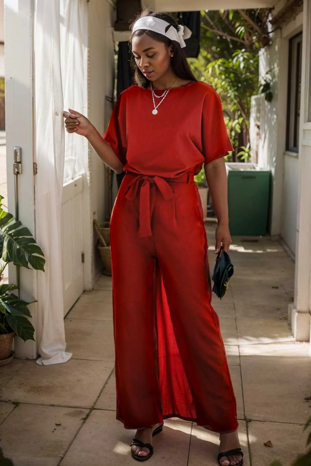 burning red belted wide leg jumpsuit