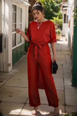 burning red belted wide leg jumpsuit