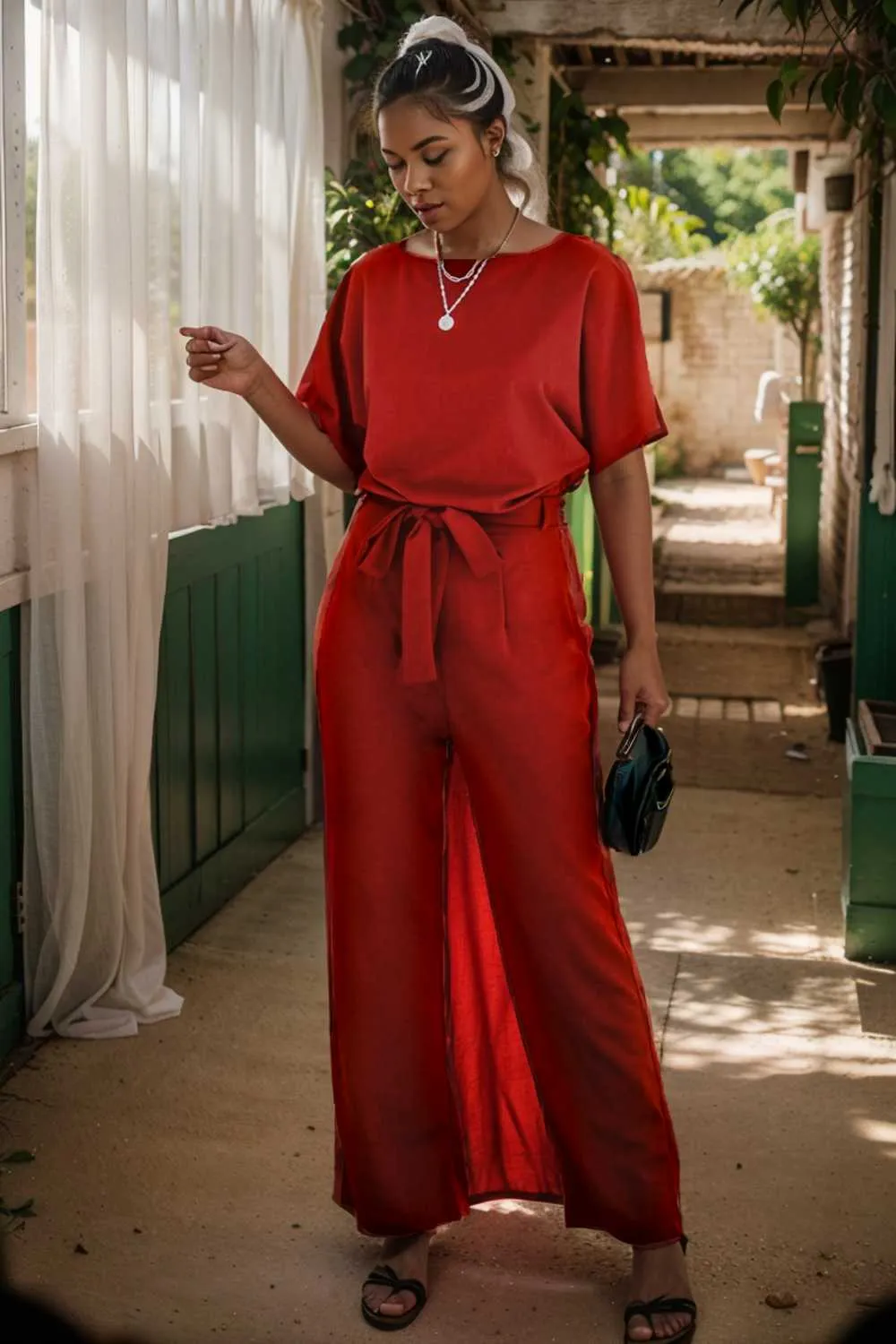 burning red belted wide leg jumpsuit