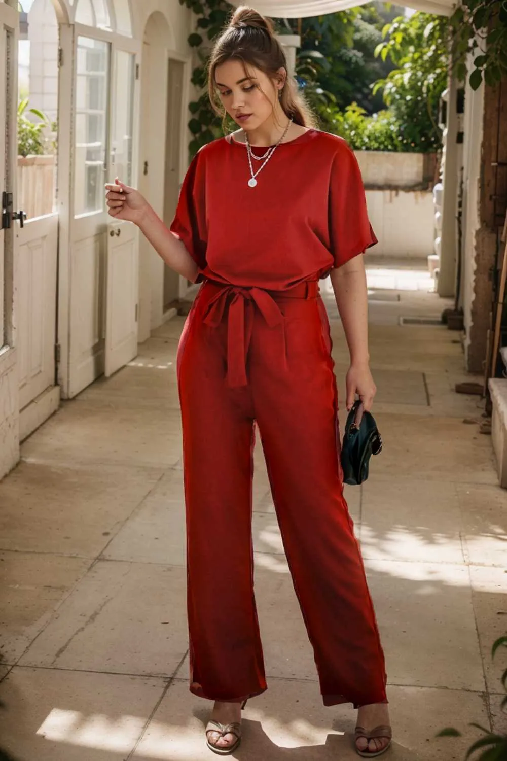 burning red belted wide leg jumpsuit