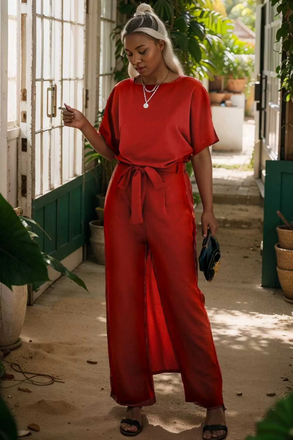 burning red belted wide leg jumpsuit