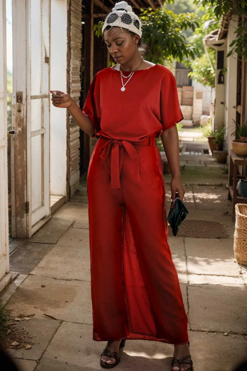 burning red belted wide leg jumpsuit