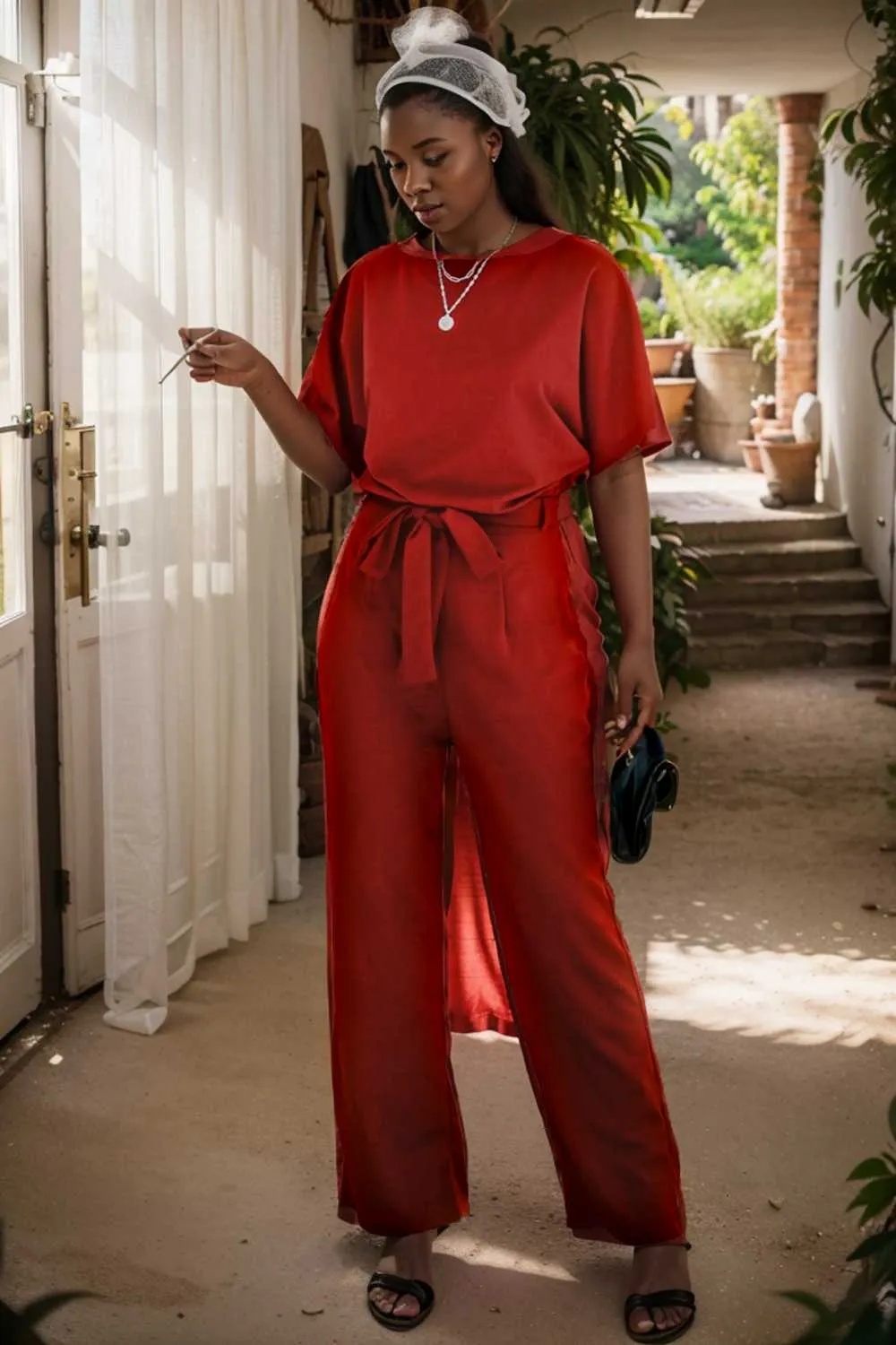 burning red belted wide leg jumpsuit