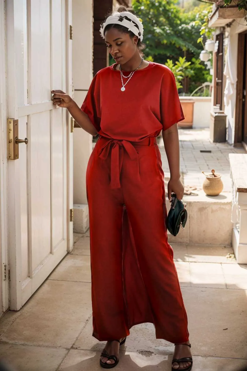 burning red belted wide leg jumpsuit