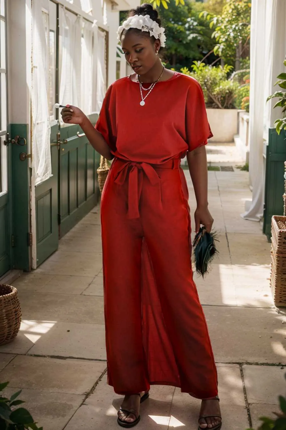 burning red belted wide leg jumpsuit