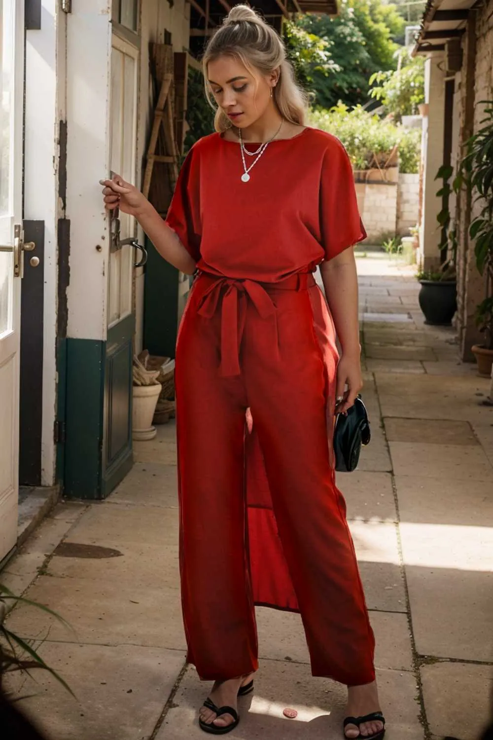 burning red belted wide leg jumpsuit