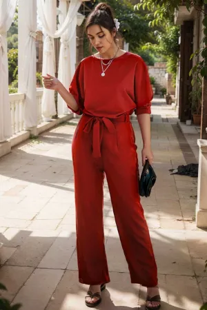 burning red belted wide leg jumpsuit