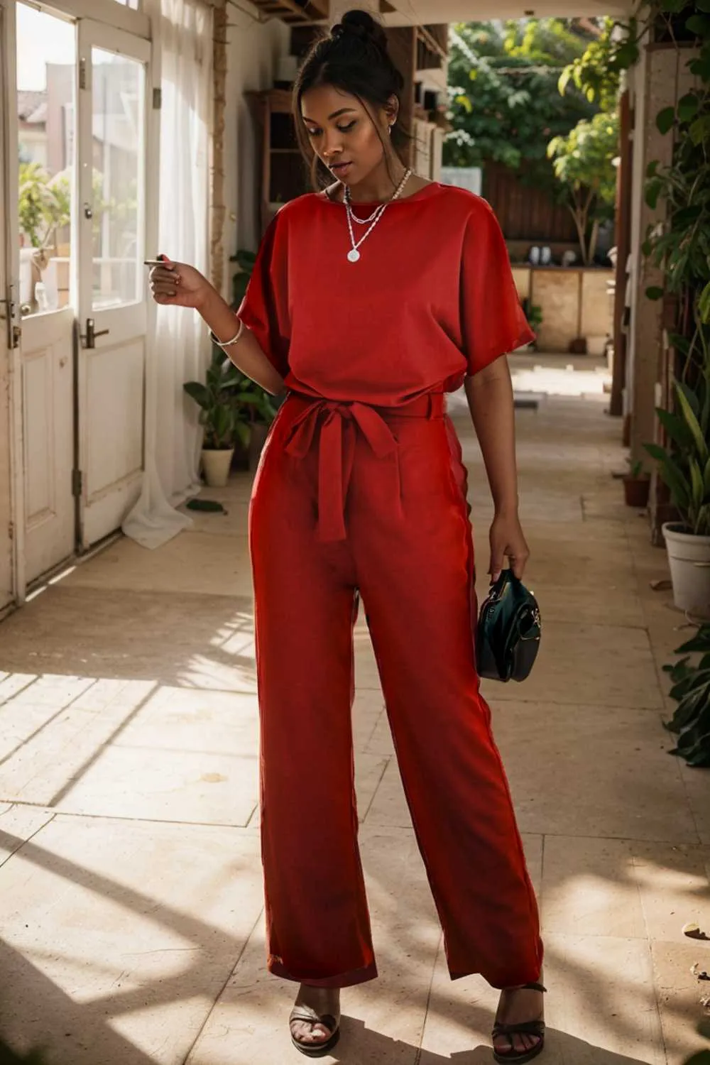 burning red belted wide leg jumpsuit