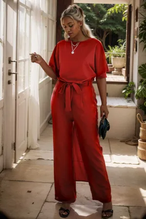 burning red belted wide leg jumpsuit