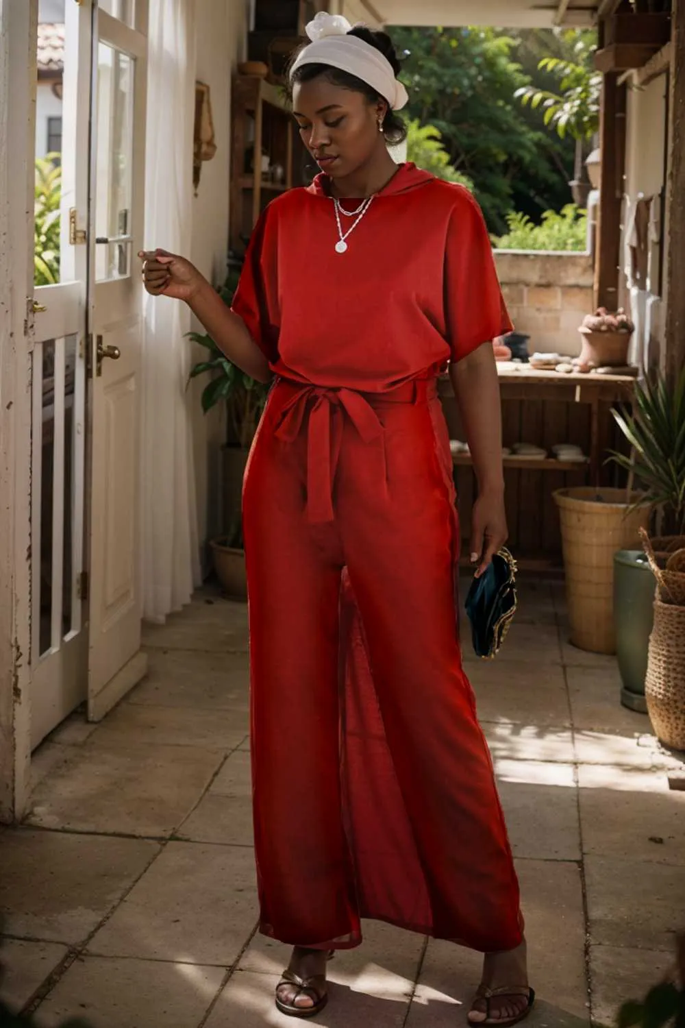 burning red belted wide leg jumpsuit