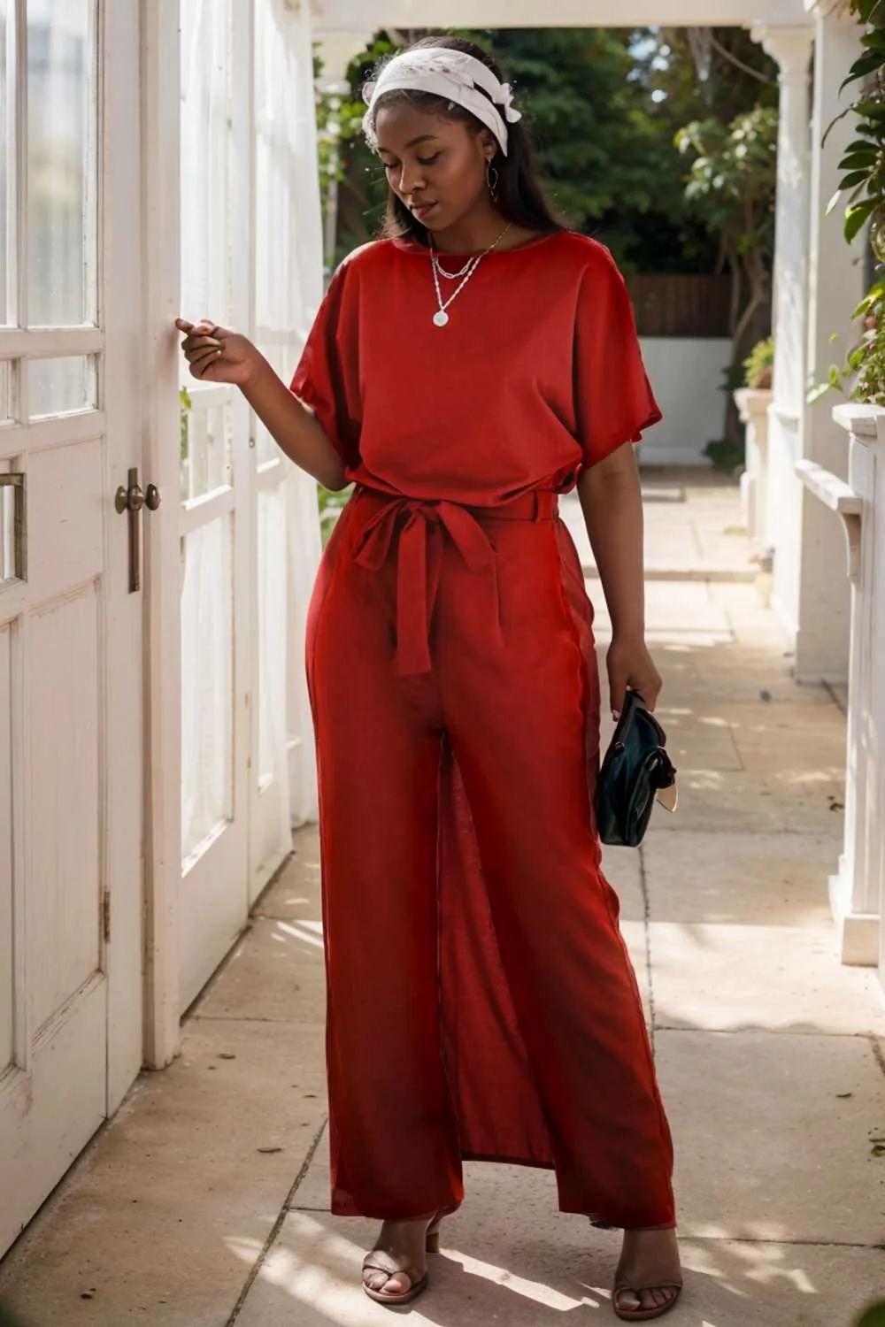 burning red belted wide leg jumpsuit