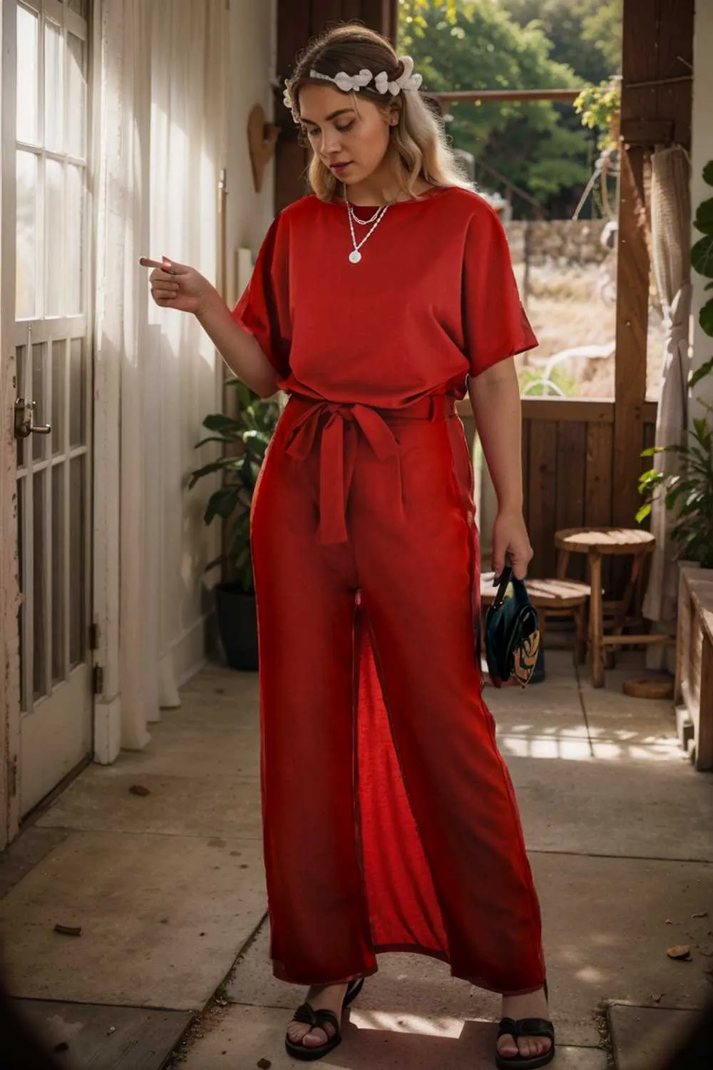 burning red belted wide leg jumpsuit