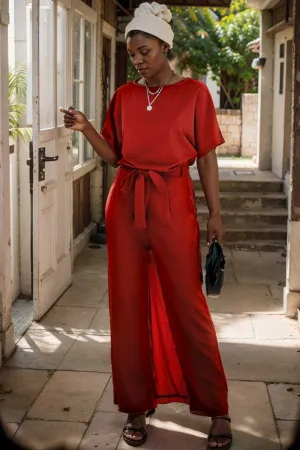 burning red belted wide leg jumpsuit