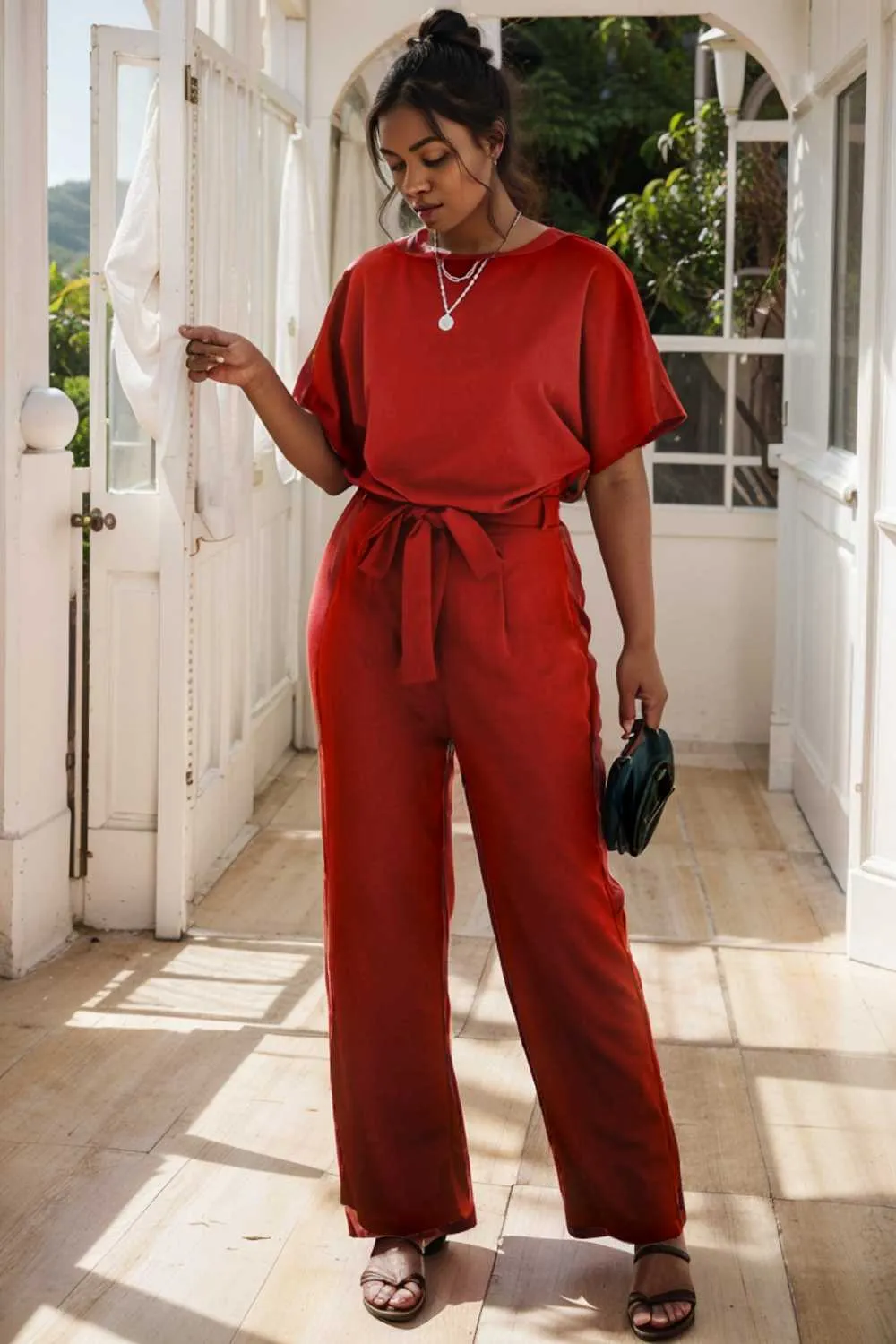 burning red belted wide leg jumpsuit