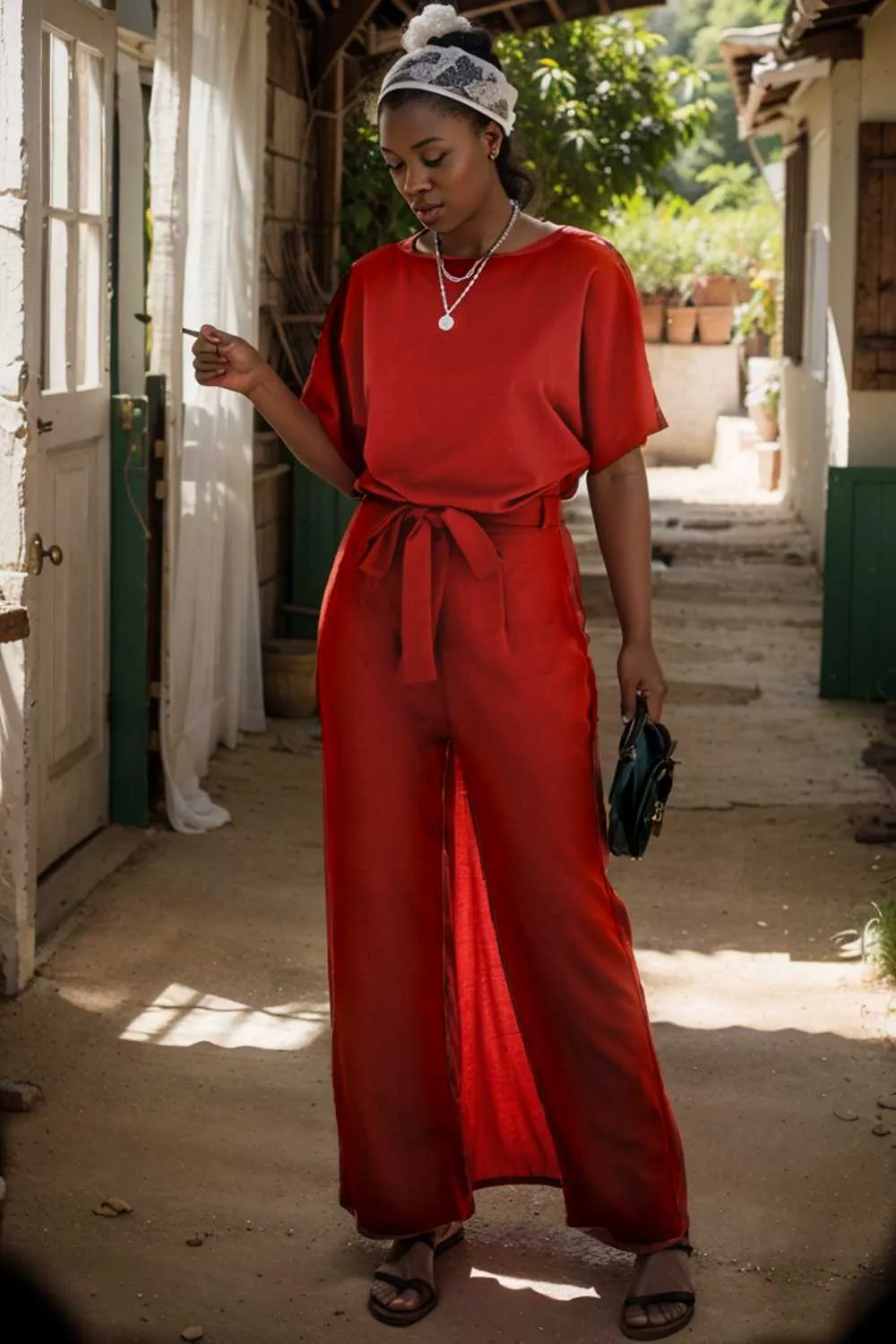 burning red belted wide leg jumpsuit
