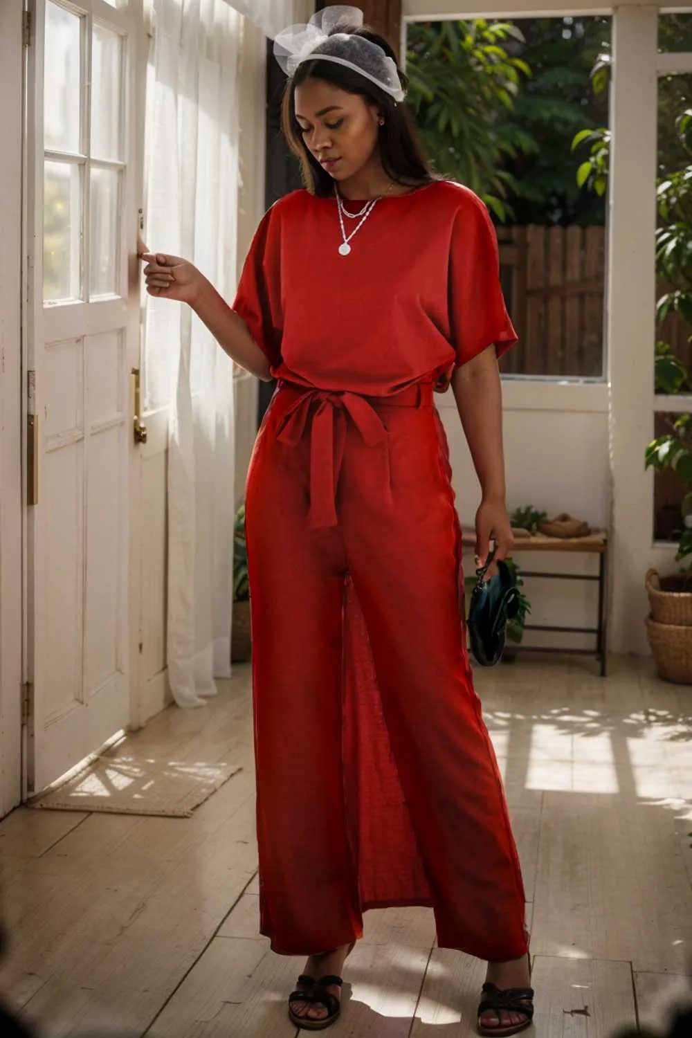 burning red belted wide leg jumpsuit
