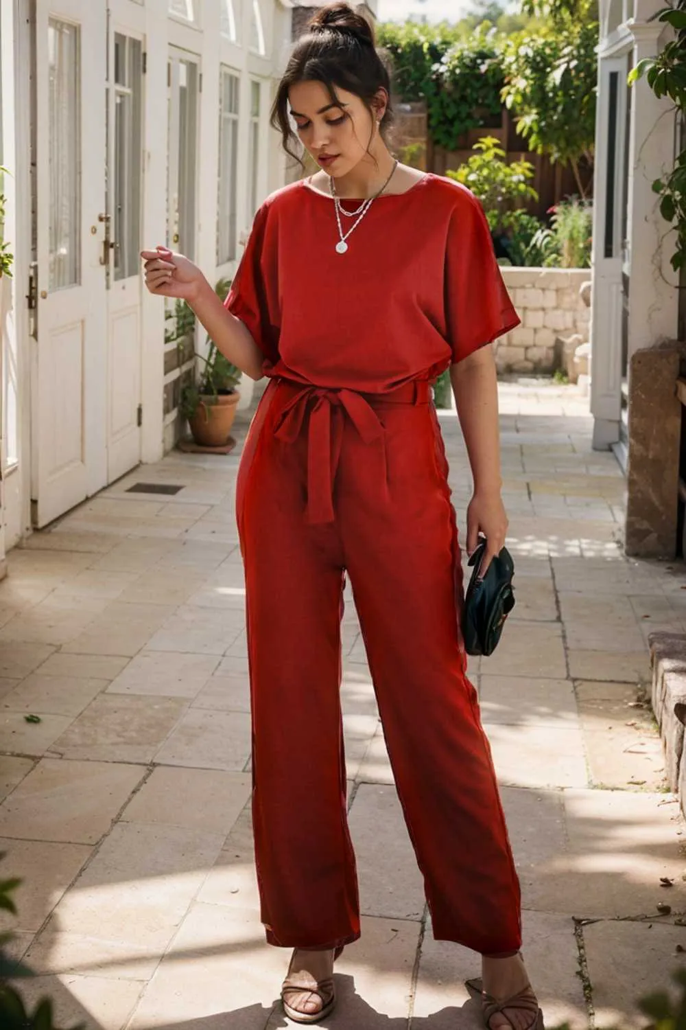 burning red belted wide leg jumpsuit