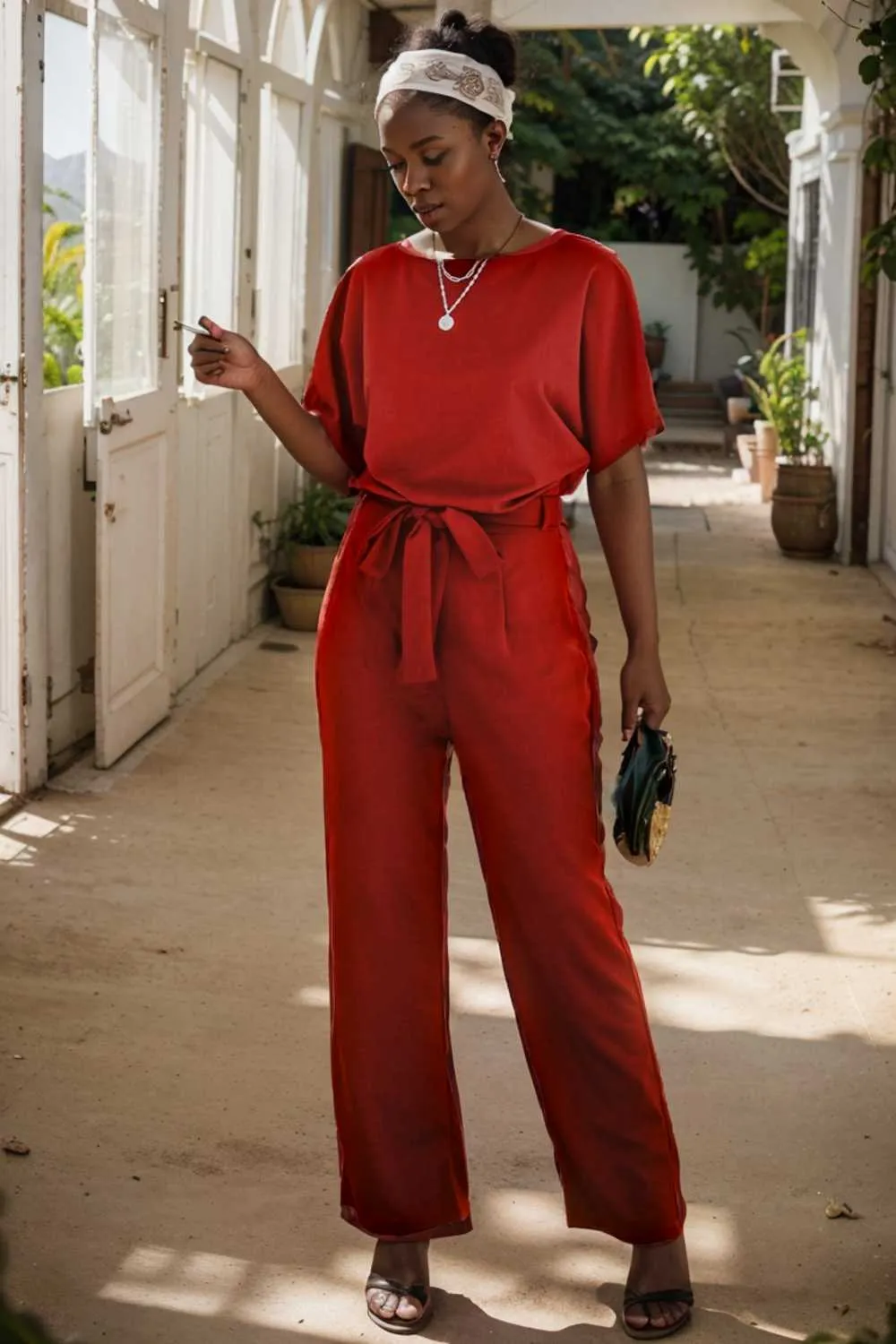 burning red belted wide leg jumpsuit