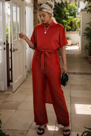 burning red belted wide leg jumpsuit