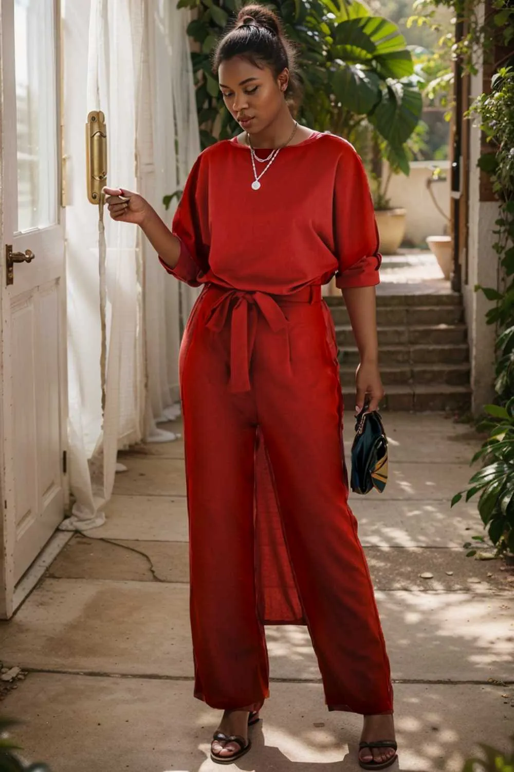 burning red belted wide leg jumpsuit