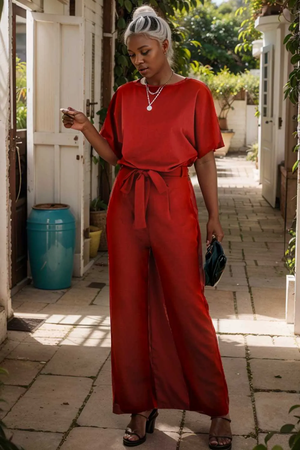 burning red belted wide leg jumpsuit