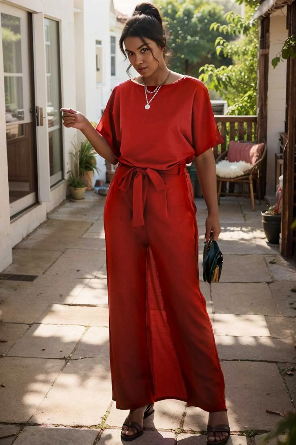 burning red belted wide leg jumpsuit