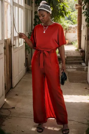 burning red belted wide leg jumpsuit
