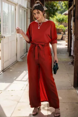 burning red belted wide leg jumpsuit