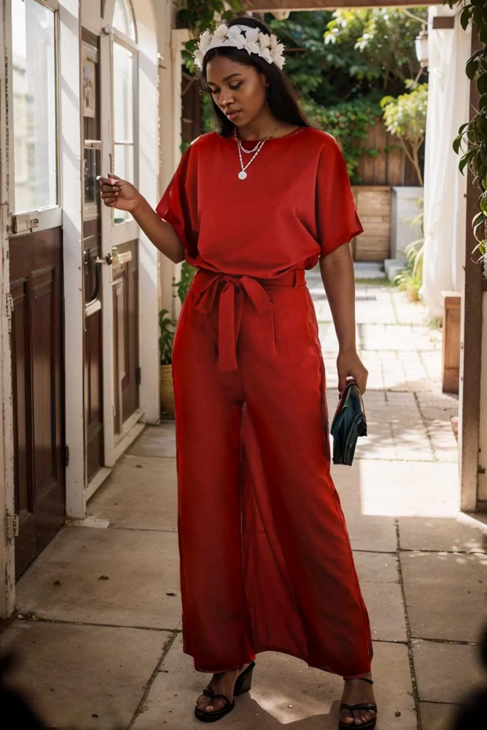 burning red belted wide leg jumpsuit